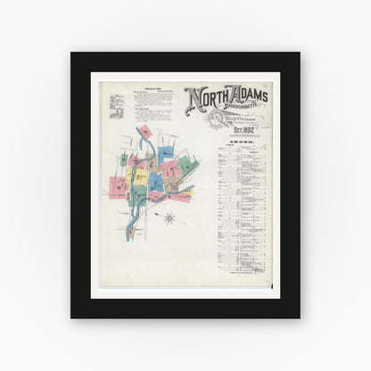 Old map wall art mockup — black gallery frame with white mat — Sanborn Fire Insurance Map from North Adams, Berkshire County, Massachusetts (1892) - Complete Map Set