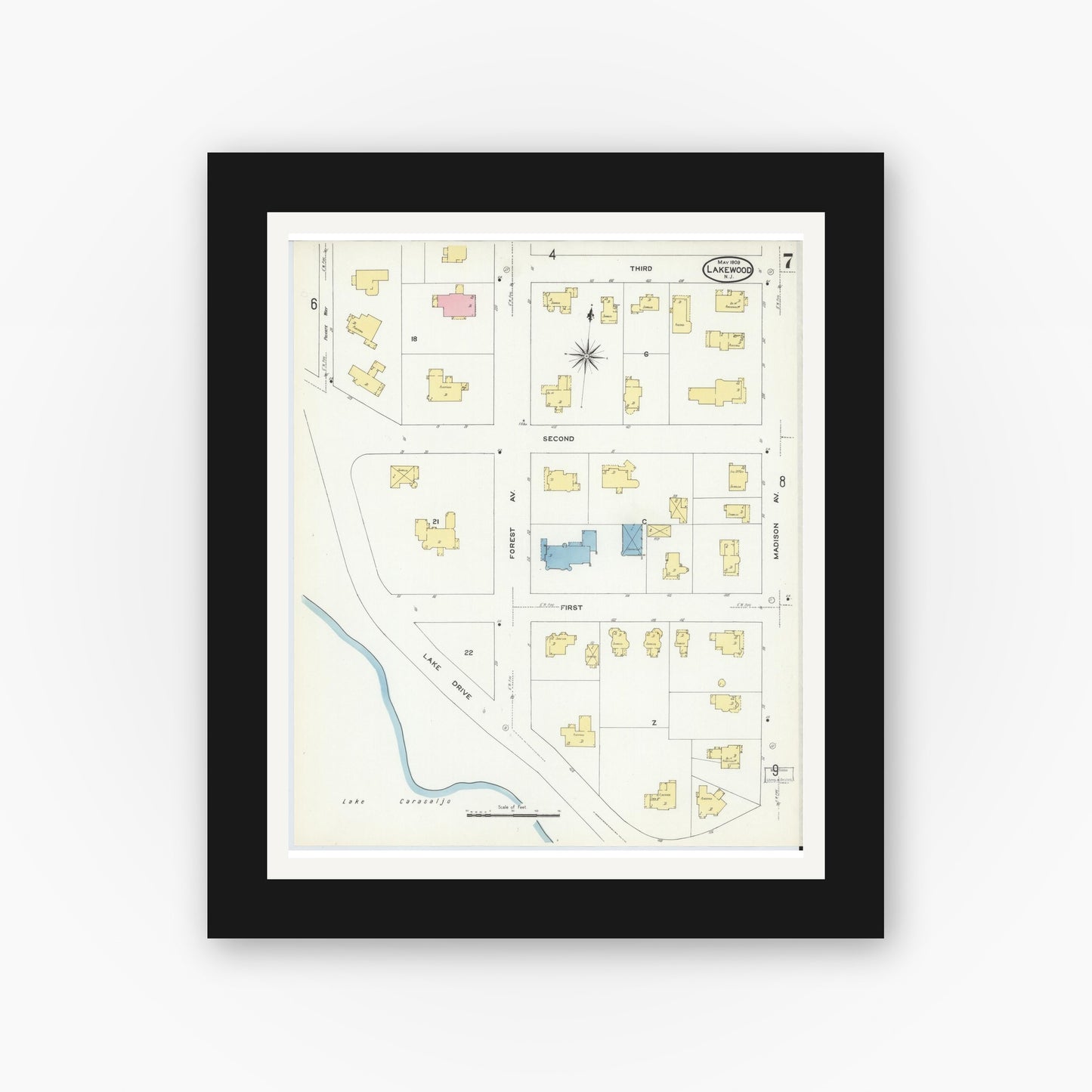 Old map wall art mockup — black gallery frame with white mat — Sanborn Fire Insurance Map from Lakewood, Ocean County, New Jersey (1909), Sheet #0007