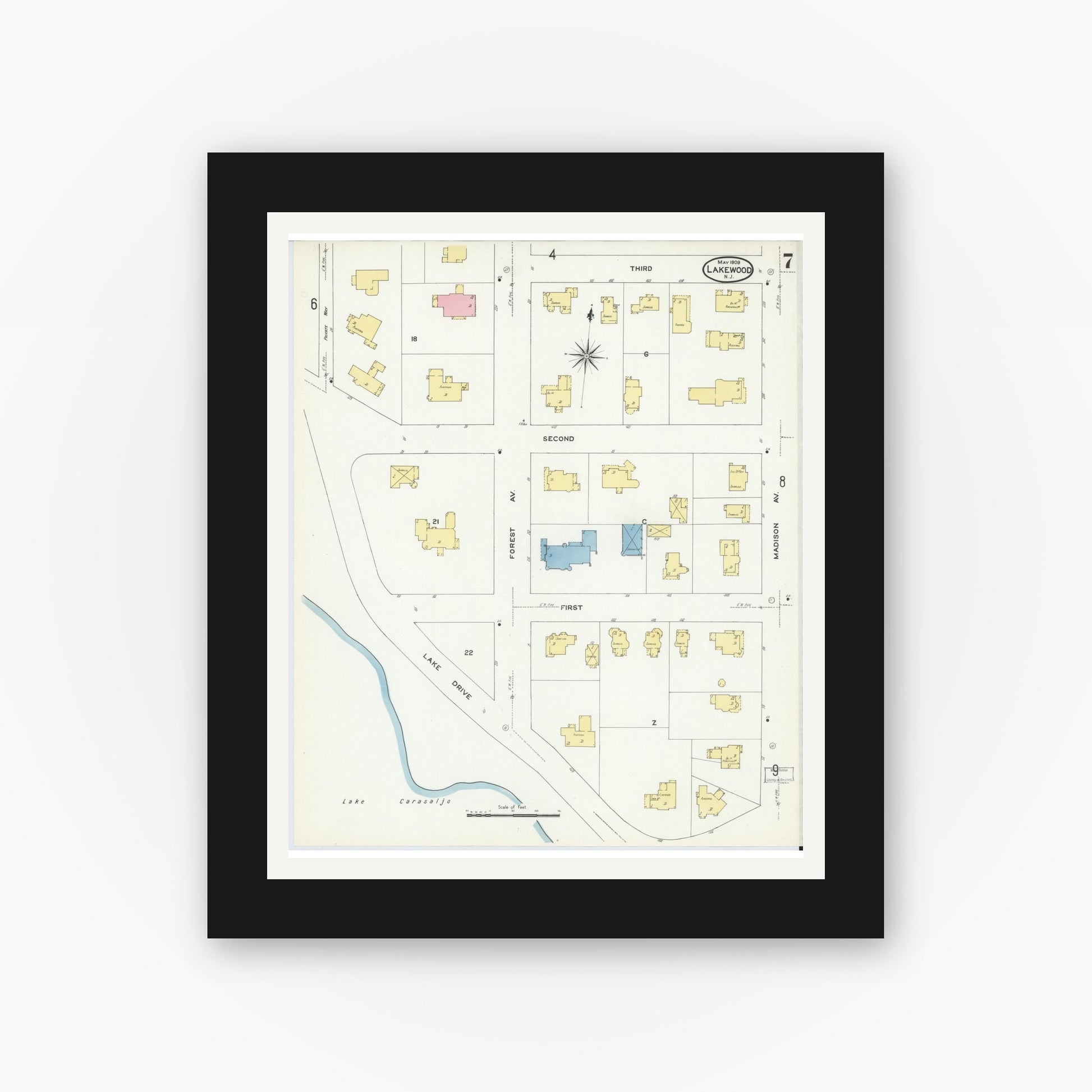 Old map wall art mockup — black gallery frame with white mat — Sanborn Fire Insurance Map from Lakewood, Ocean County, New Jersey (1909), Sheet #0007