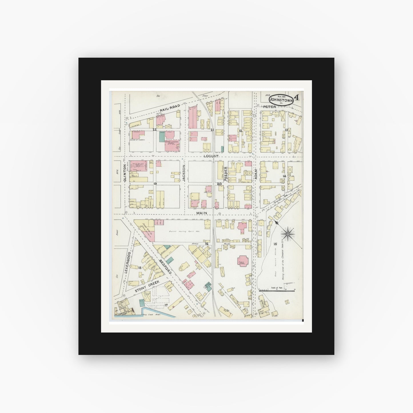 Old map wall art mockup — black gallery frame with white mat — Sanborn Fire Insurance Map from Johnstown, Cambria County, Pennsylvania (1891), Sheet #0004