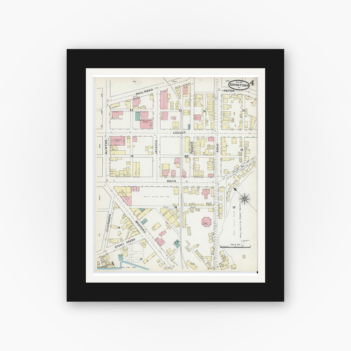 Old map wall art mockup — black gallery frame with white mat — Sanborn Fire Insurance Map from Johnstown, Cambria County, Pennsylvania (1891), Sheet #0004