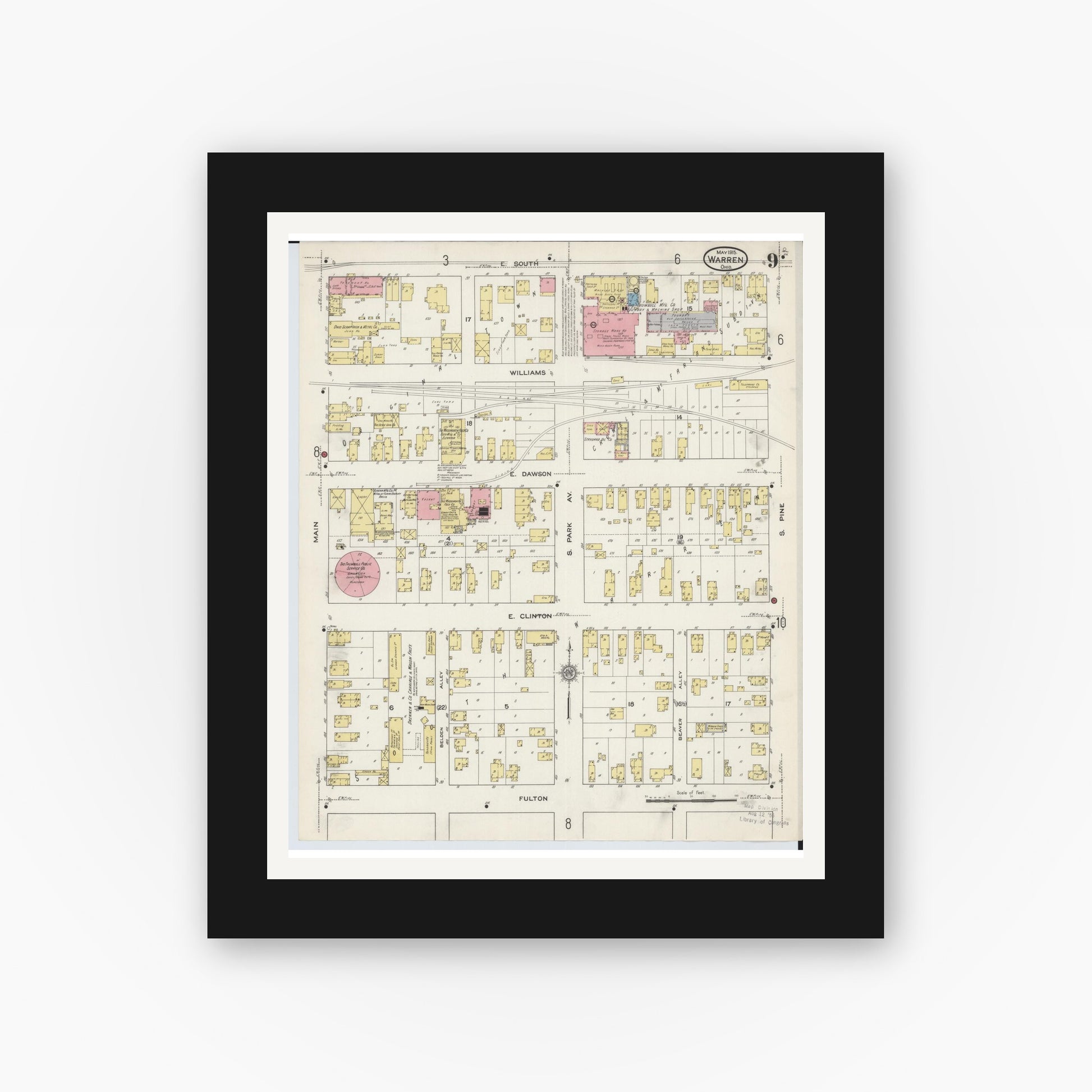 Old map wall art mockup — black gallery frame with white mat — Sanborn Fire Insurance Map from Warren, Trumbull County, Ohio (1915), Sheet #0009