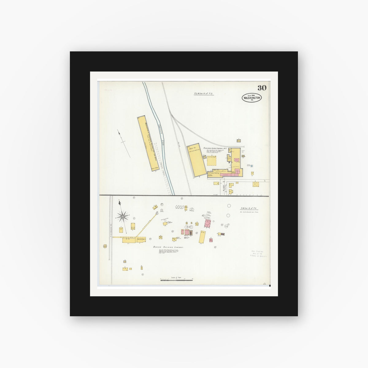 Old map wall art mockup — black gallery frame with white mat — Sanborn Fire Insurance Map from Washington, Washington County, Pennsylvania (1904), Sheet #0030