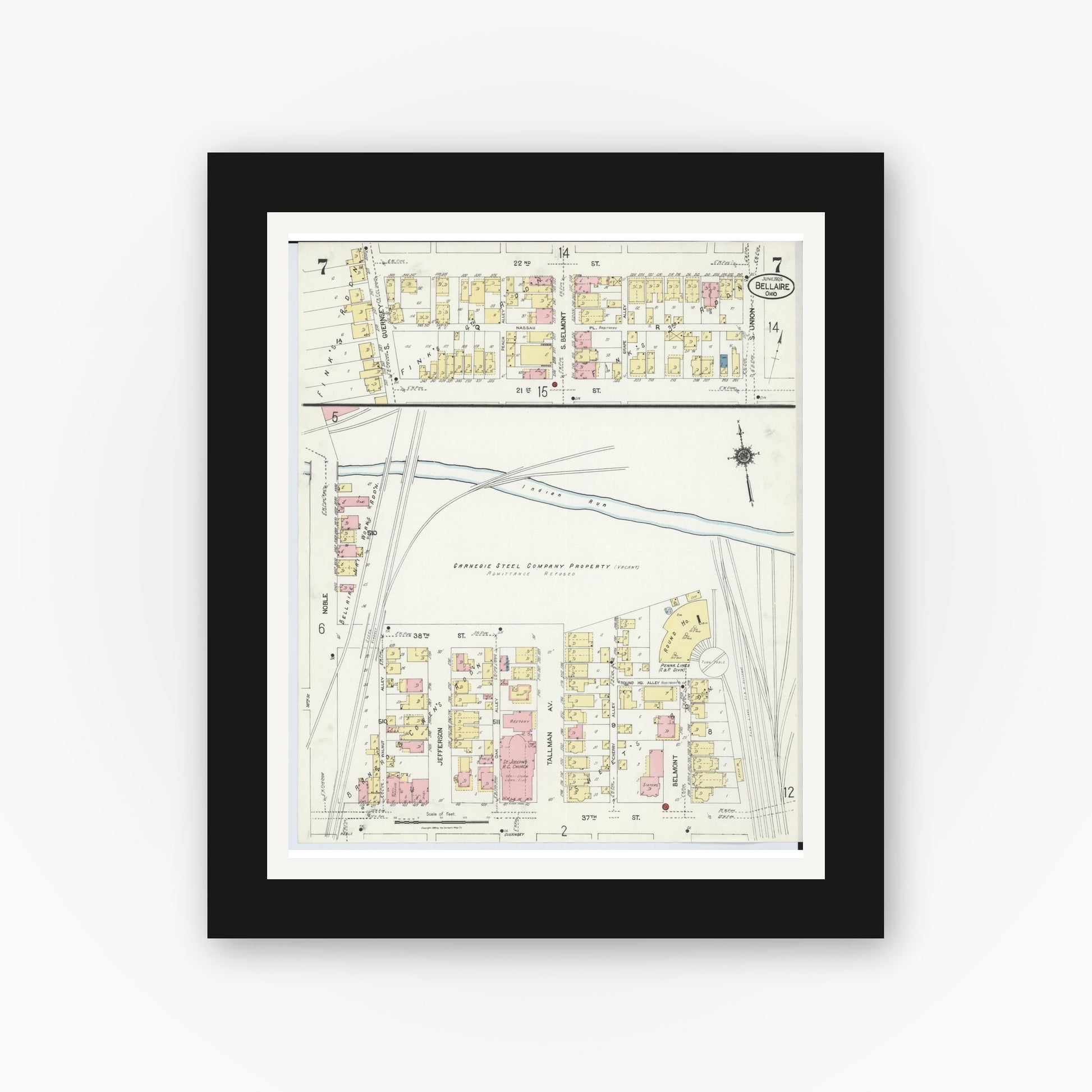 Old map wall art mockup — black gallery frame with white mat — Sanborn Fire Insurance Map from Bellaire, Belmont County, Ohio (1924), Sheet #0007