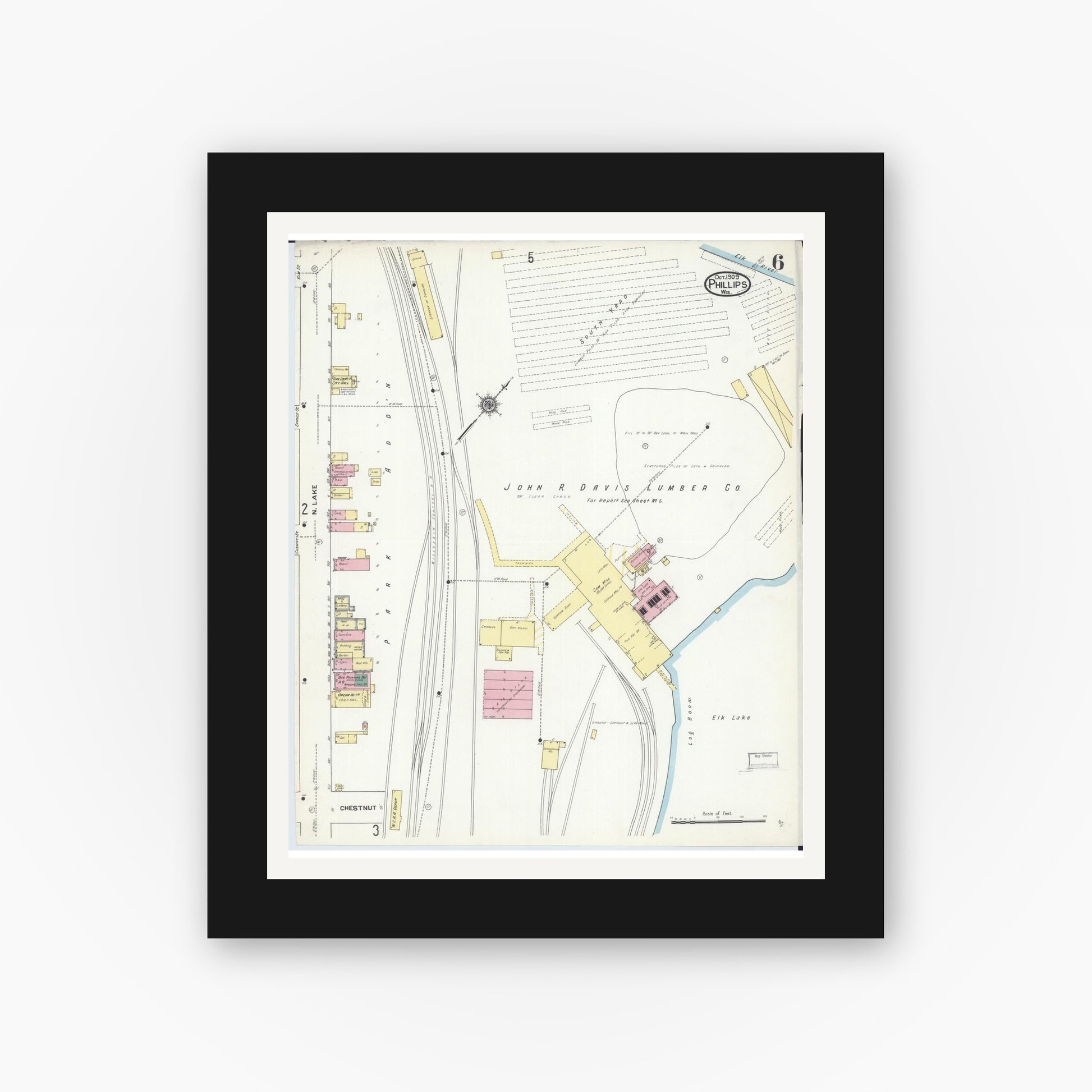 Old map wall art mockup — black gallery frame with white mat — Sanborn Fire Insurance Map from Phillips, Price County, Wisconsin (1909), Sheet #0006