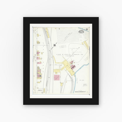 Old map wall art mockup — black gallery frame with white mat — Sanborn Fire Insurance Map from Phillips, Price County, Wisconsin (1909), Sheet #0006
