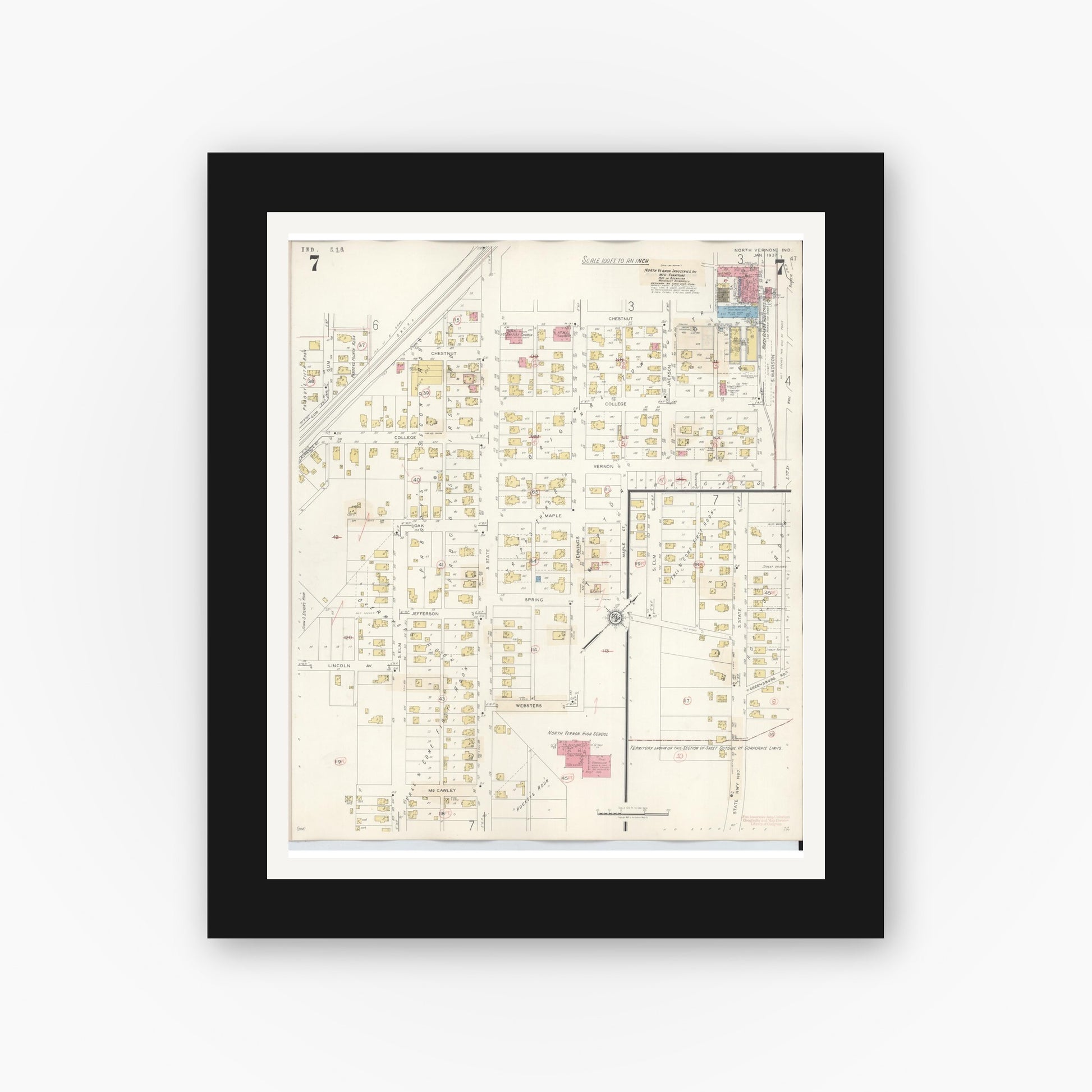 Old map wall art mockup — black gallery frame with white mat — Sanborn Fire Insurance Map from North Vernon, Jennings County, Indiana (1943), Sheet #0007