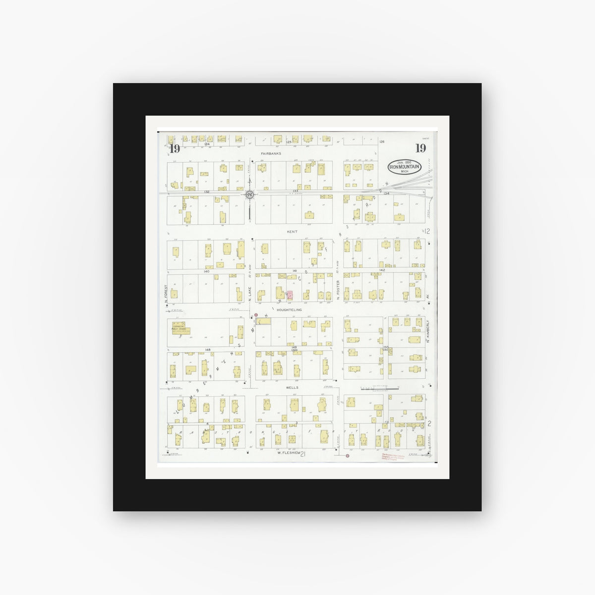 Old map wall art mockup — black gallery frame with white mat — Sanborn Fire Insurance Map from Iron Mountain, Dickinson County, Michigan (1930), Sheet #0019