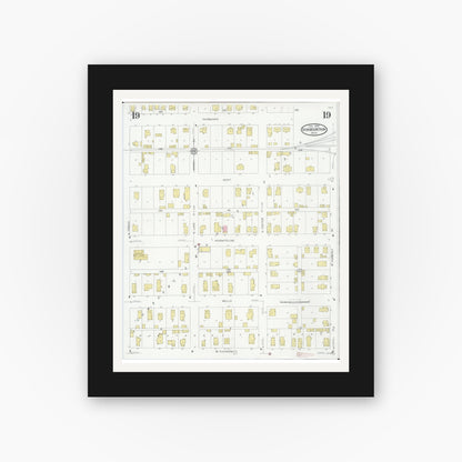 Old map wall art mockup — black gallery frame with white mat — Sanborn Fire Insurance Map from Iron Mountain, Dickinson County, Michigan (1930), Sheet #0019