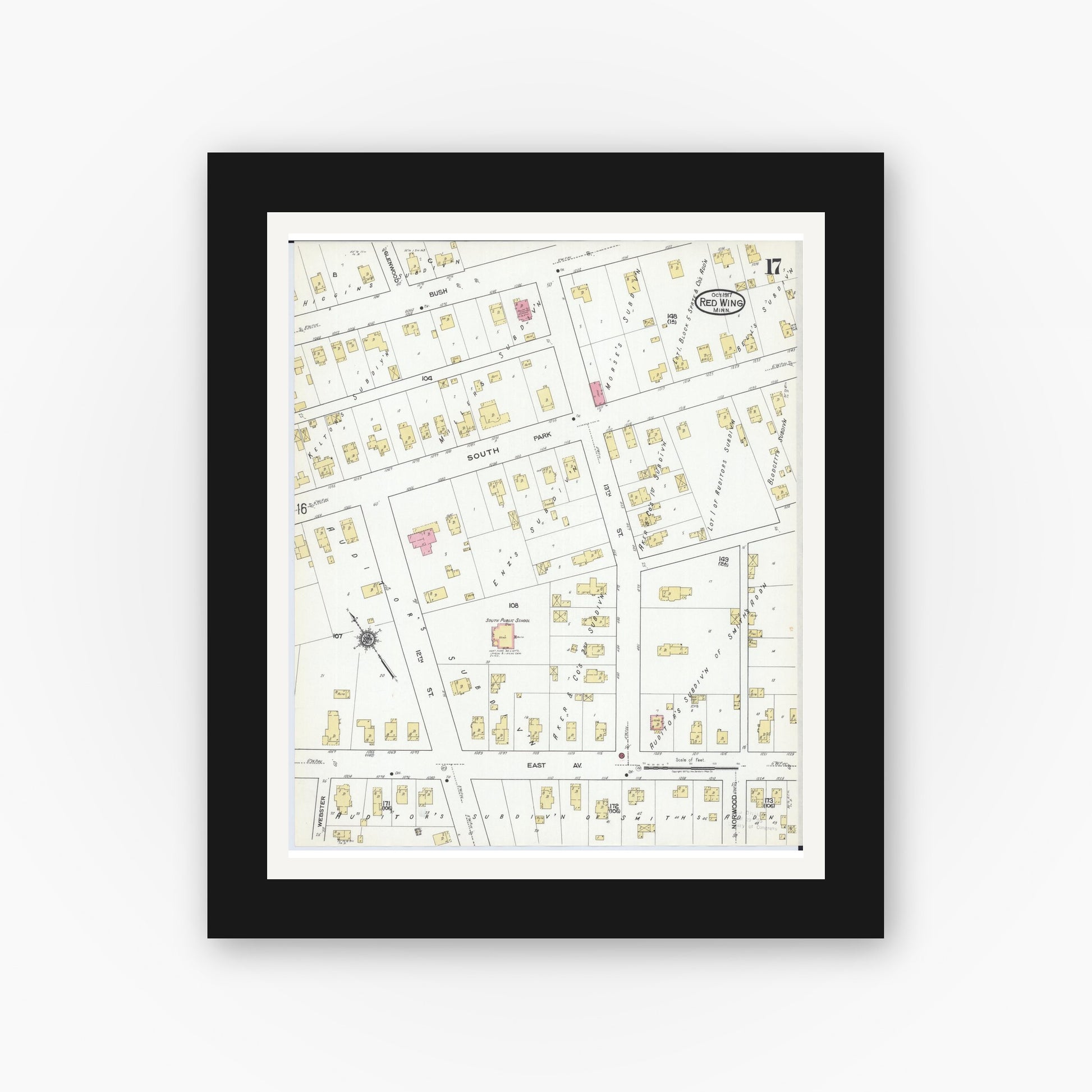 Old map wall art mockup — black gallery frame with white mat — Sanborn Fire Insurance Map from Red Wing, Goodhue County, Minnesota (1917), Sheet #0017