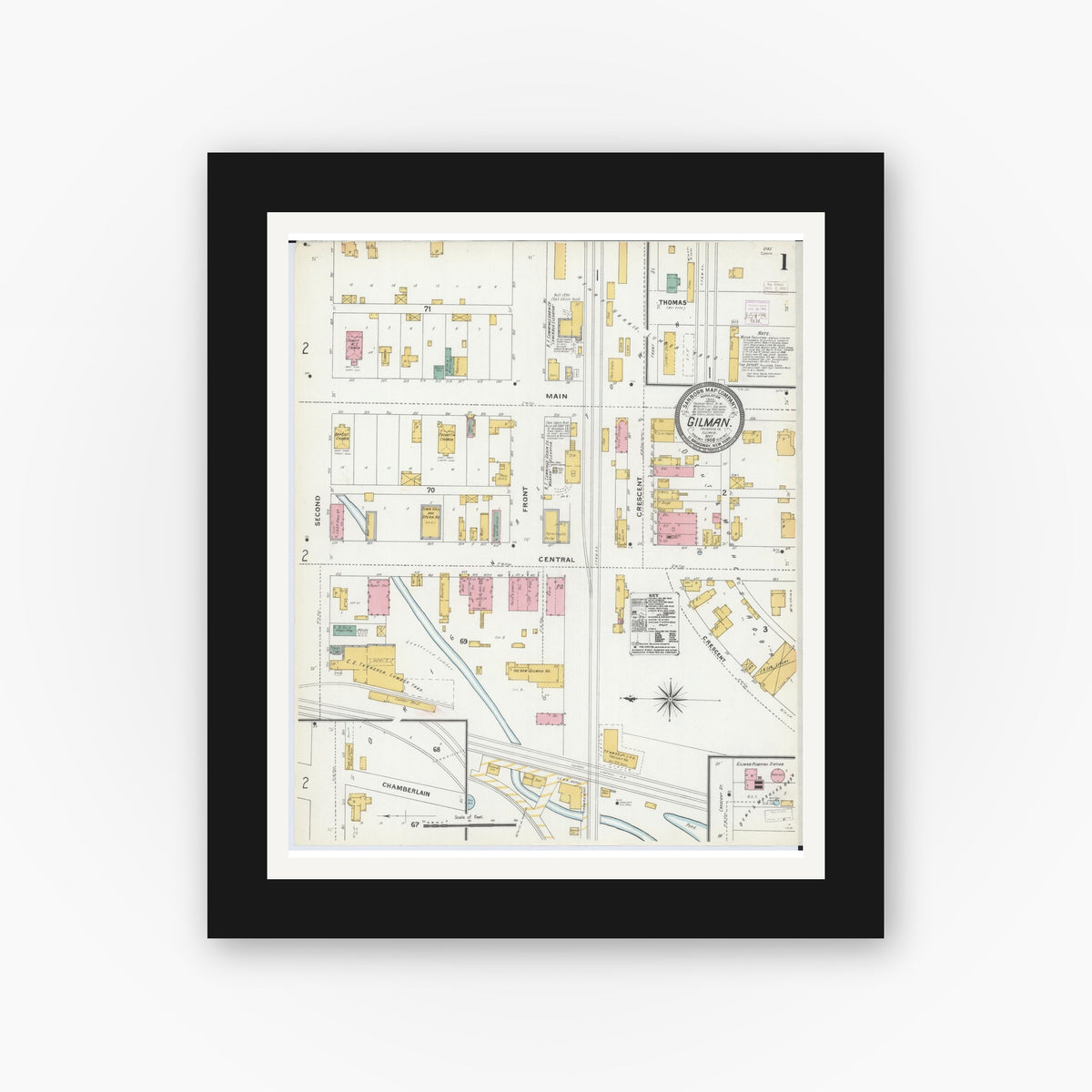 Old map wall art mockup — black gallery frame with white mat — Sanborn Fire Insurance Map from Gilman, Iroquois County, Illinois (1906), Sheet #0001
