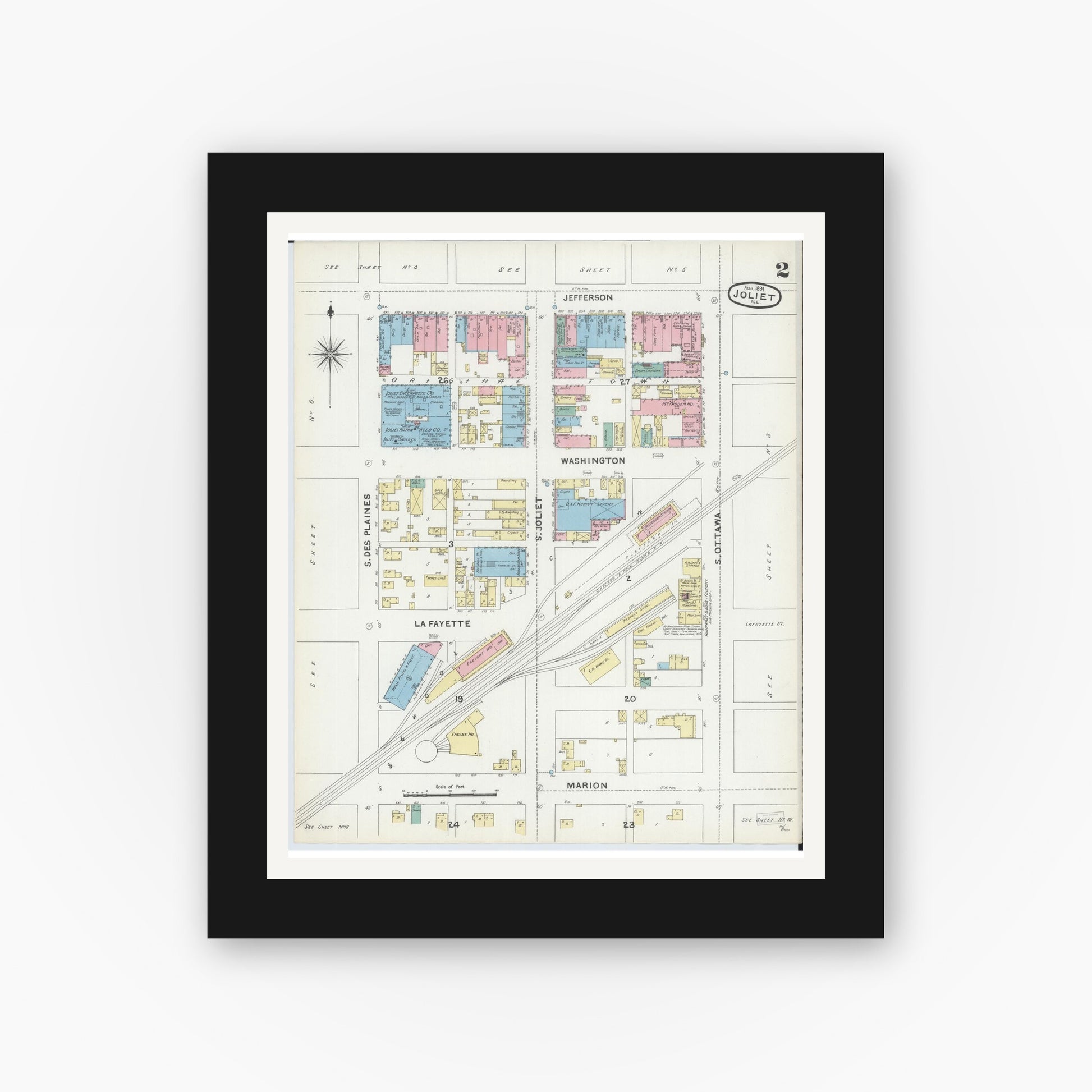 Old map wall art mockup — black gallery frame with white mat — Sanborn Fire Insurance Map from Joliet, Will County, Illinois (1891), Sheet #0002