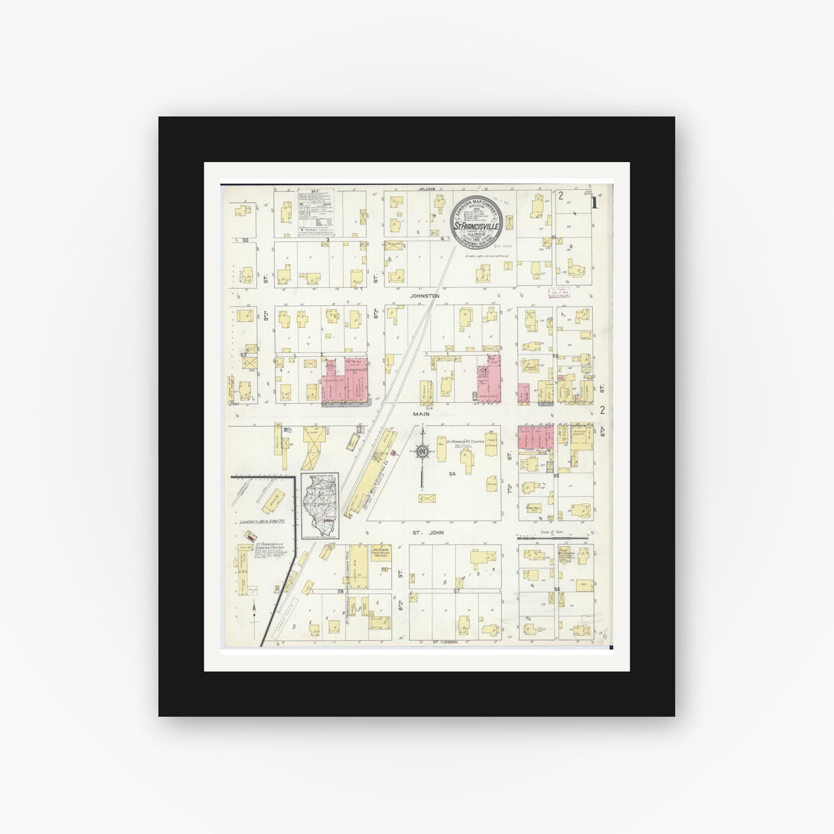 Old map wall art mockup — black gallery frame with white mat — Sanborn Fire Insurance Map from Saint Francisville, Lawrence County, Illinois (1913) - Complete Map Set