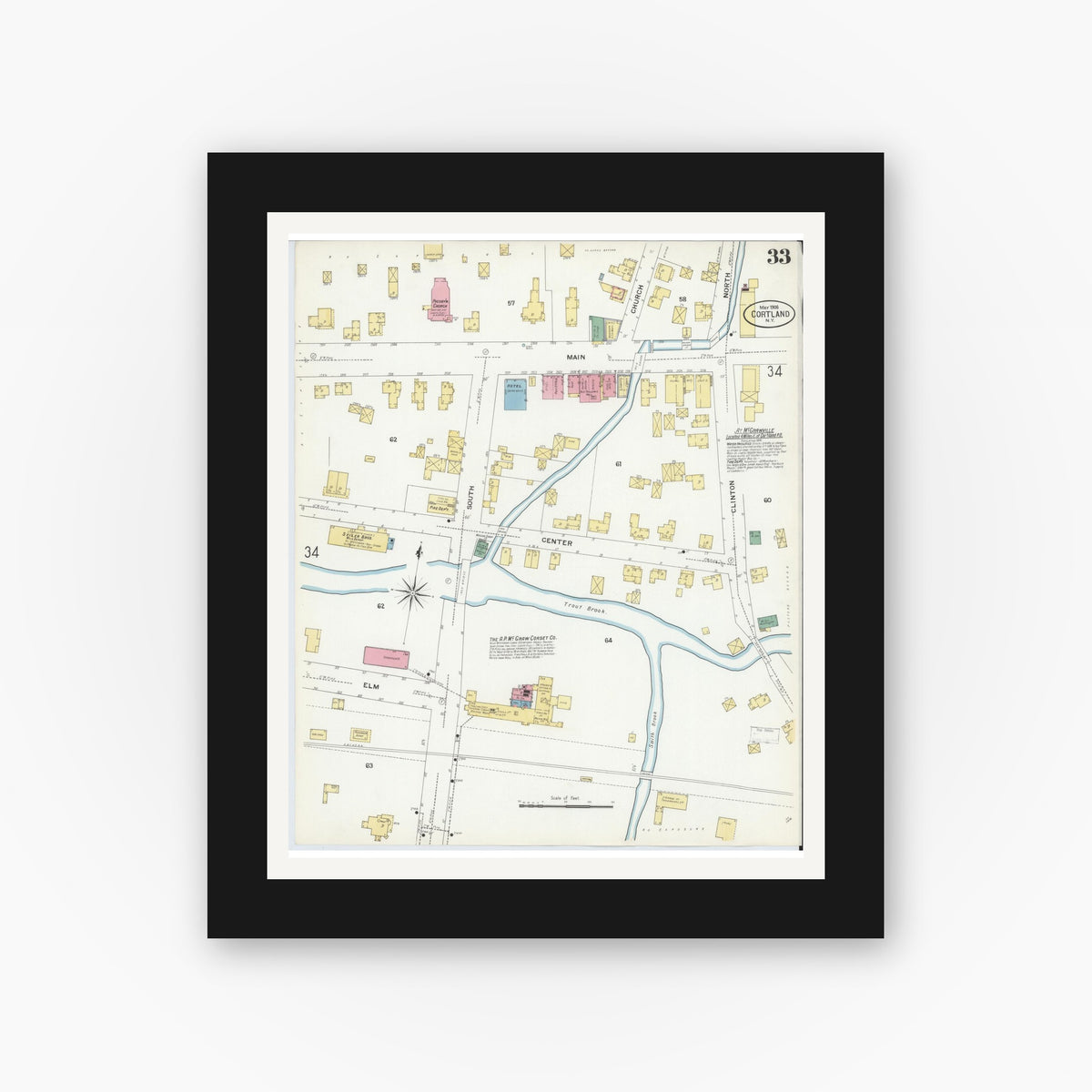 Old map wall art mockup — black gallery frame with white mat — Sanborn Fire Insurance Map from Cortland, Cortland County, New York (1908), Sheet #0033
