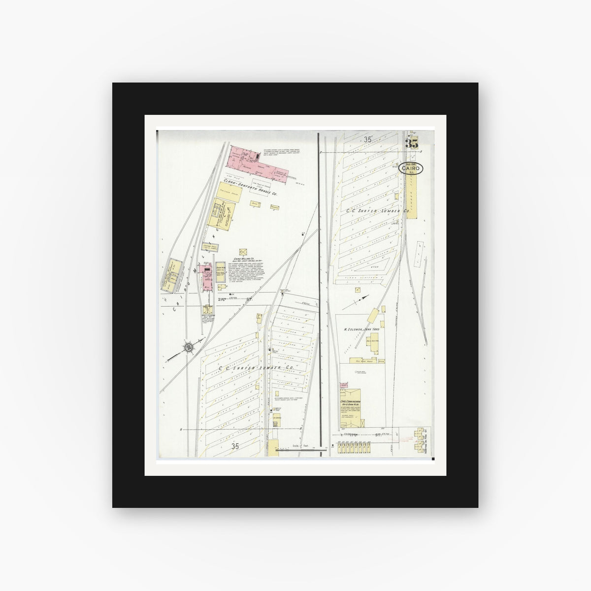 Old map wall art mockup — black gallery frame with white mat — Sanborn Fire Insurance Map from Cairo, Alexander County, Illinois (1914), Sheet #0035