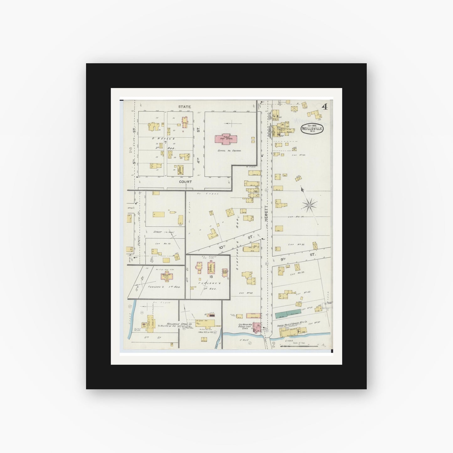 Old map wall art mockup — black gallery frame with white mat — Sanborn Fire Insurance Map from Neillsville, Clark County, Wisconsin (1892), Sheet #0004