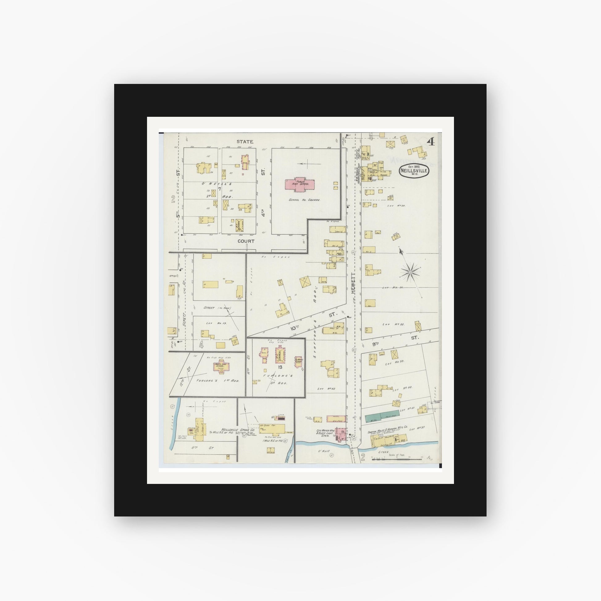 Old map wall art mockup — black gallery frame with white mat — Sanborn Fire Insurance Map from Neillsville, Clark County, Wisconsin (1892), Sheet #0004