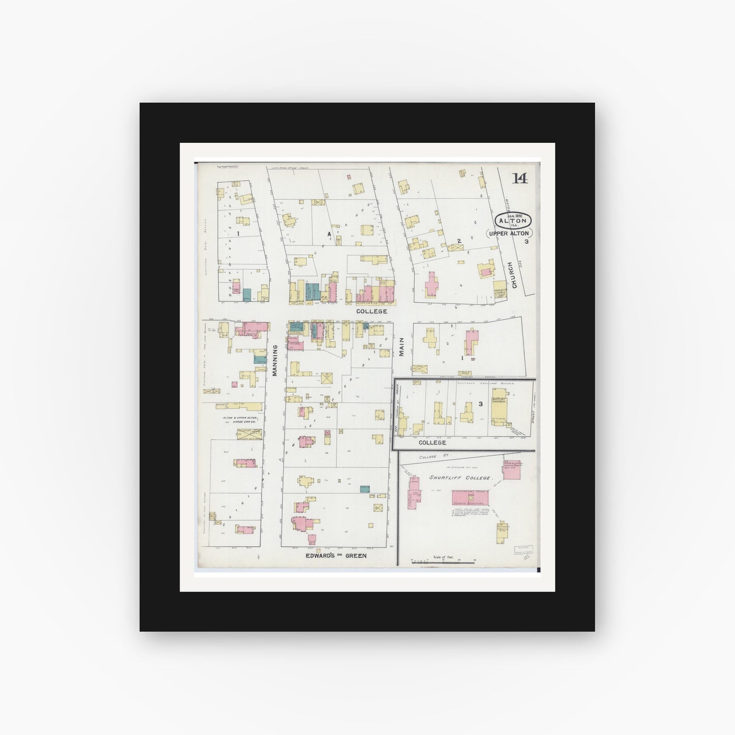 Old map wall art mockup — black gallery frame with white mat — Sanborn Fire Insurance Map from Alton, Madison County, Illinois (1892), Sheet #0014
