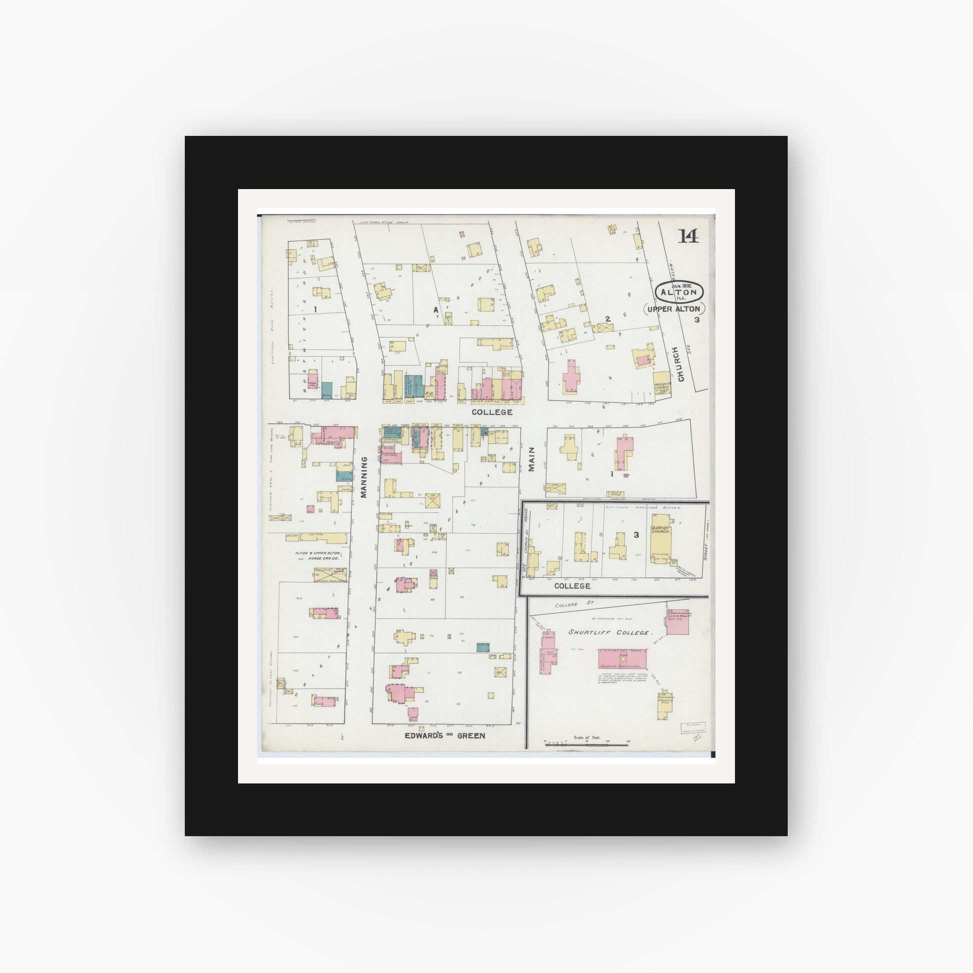 Old map wall art mockup — black gallery frame with white mat — Sanborn Fire Insurance Map from Alton, Madison County, Illinois (1892), Sheet #0014
