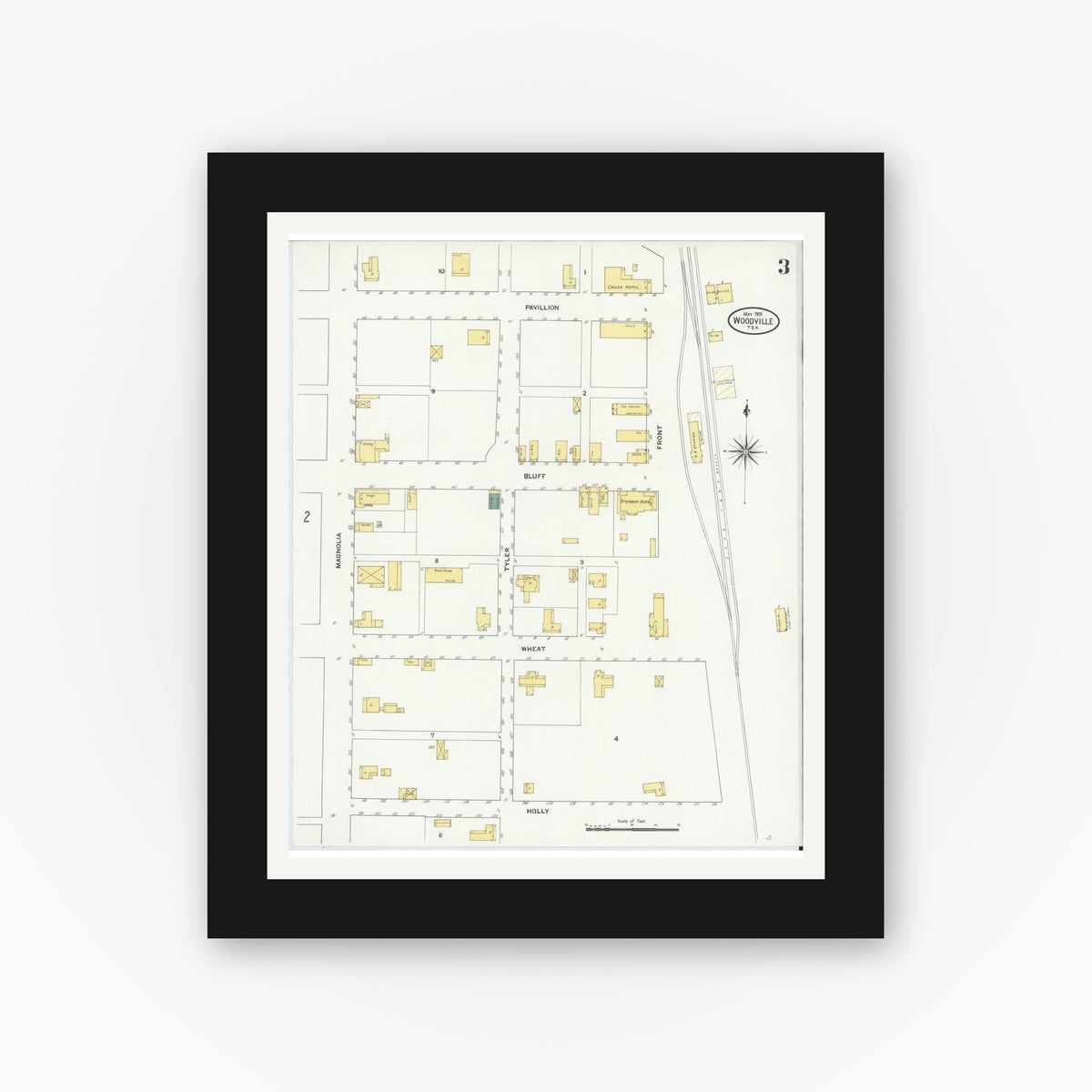 Old map wall art mockup — black gallery frame with white mat — Sanborn Fire Insurance Map from Wolfe City, Hunt County, Texas (1909), Sheet #0003