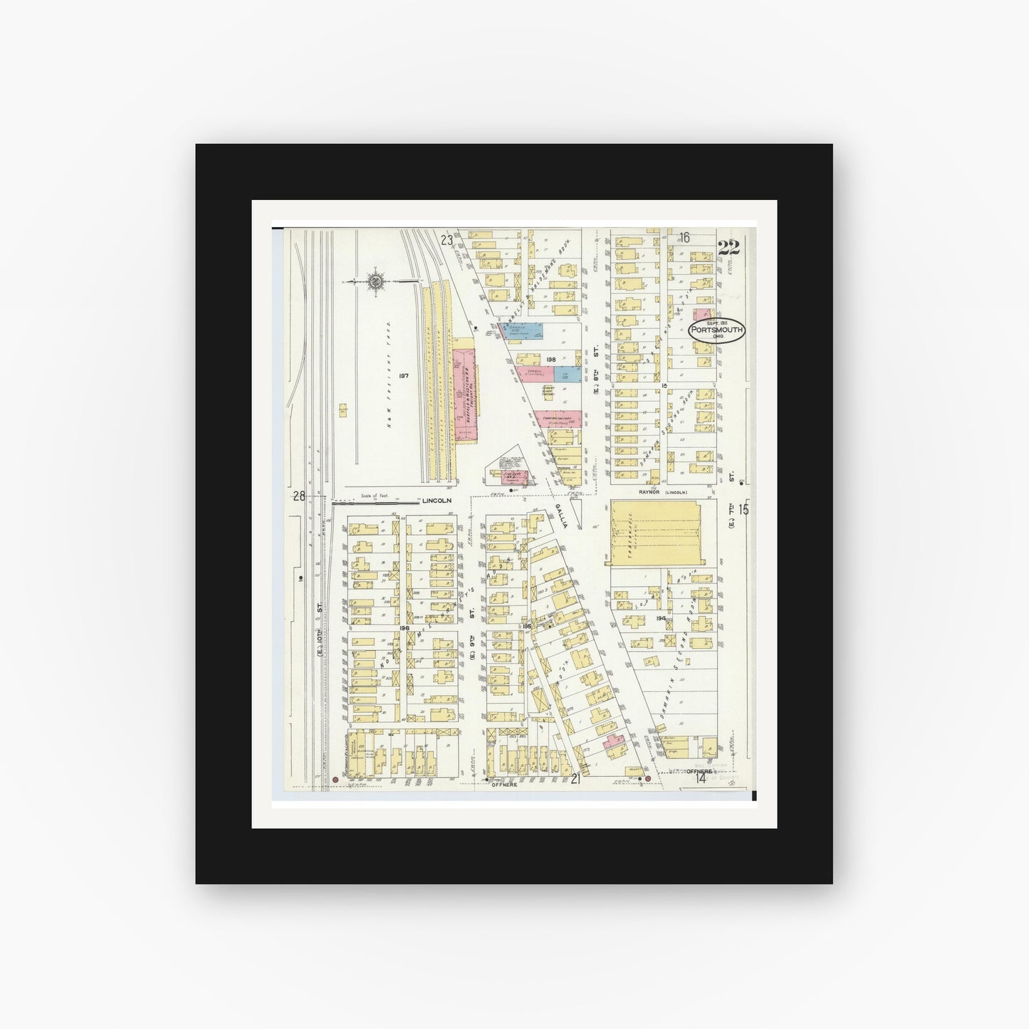 Old map wall art mockup — black gallery frame with white mat — Sanborn Fire Insurance Map from Portsmouth, Scioto County, Ohio (1911), Sheet #0022