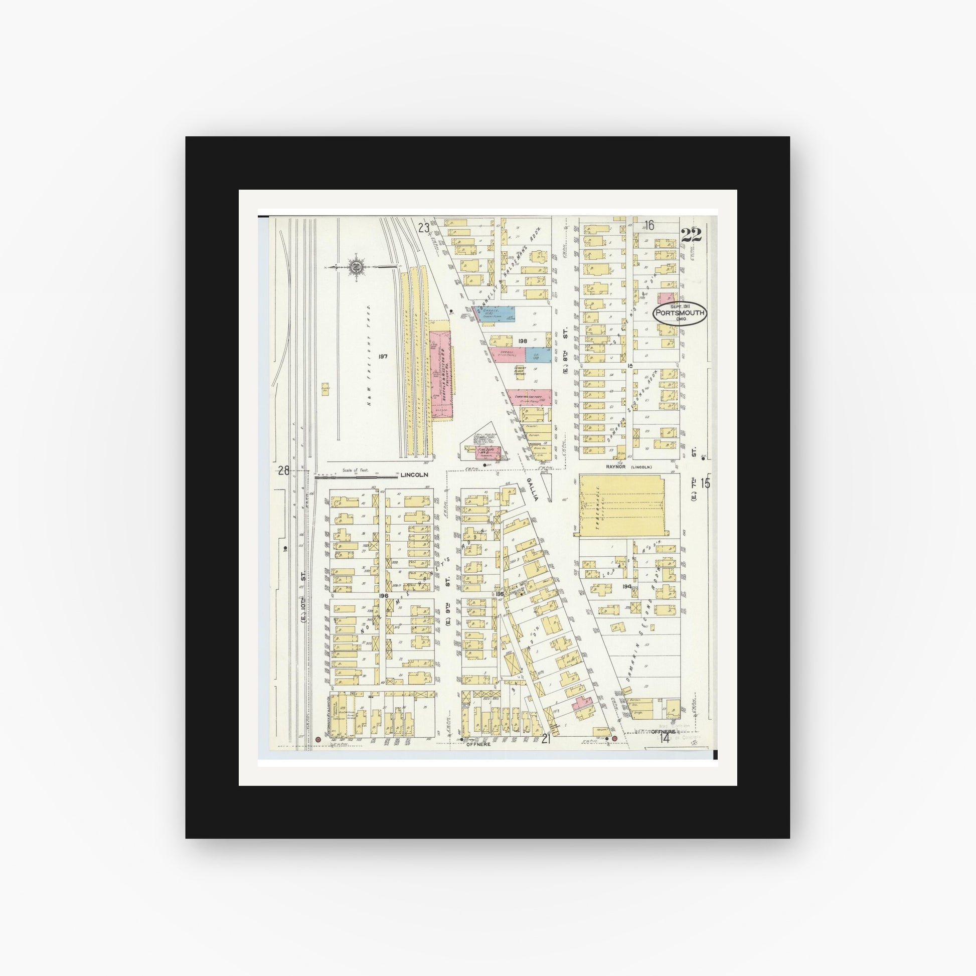 Old map wall art mockup — black gallery frame with white mat — Sanborn Fire Insurance Map from Portsmouth, Scioto County, Ohio (1911), Sheet #0022