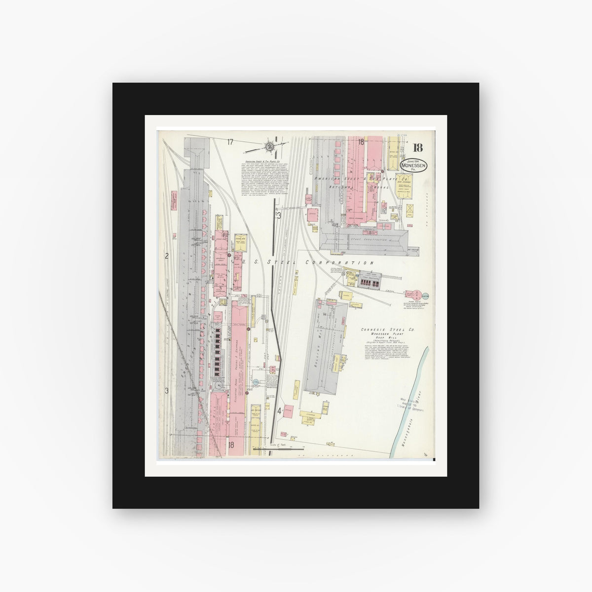 Old map wall art mockup — black gallery frame with white mat — Sanborn Fire Insurance Map from Monessen, Westmoreland County, Pennsylvania (1914), Sheet #0018