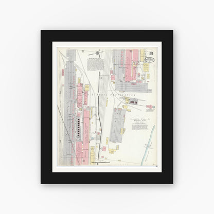 Old map wall art mockup — black gallery frame with white mat — Sanborn Fire Insurance Map from Monessen, Westmoreland County, Pennsylvania (1914), Sheet #0018