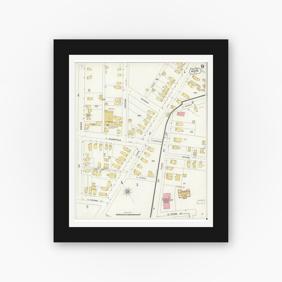 Old map wall art mockup — black gallery frame with white mat — Sanborn Fire Insurance Map from Rome, Oneida County, New York (1904), Sheet #0009
