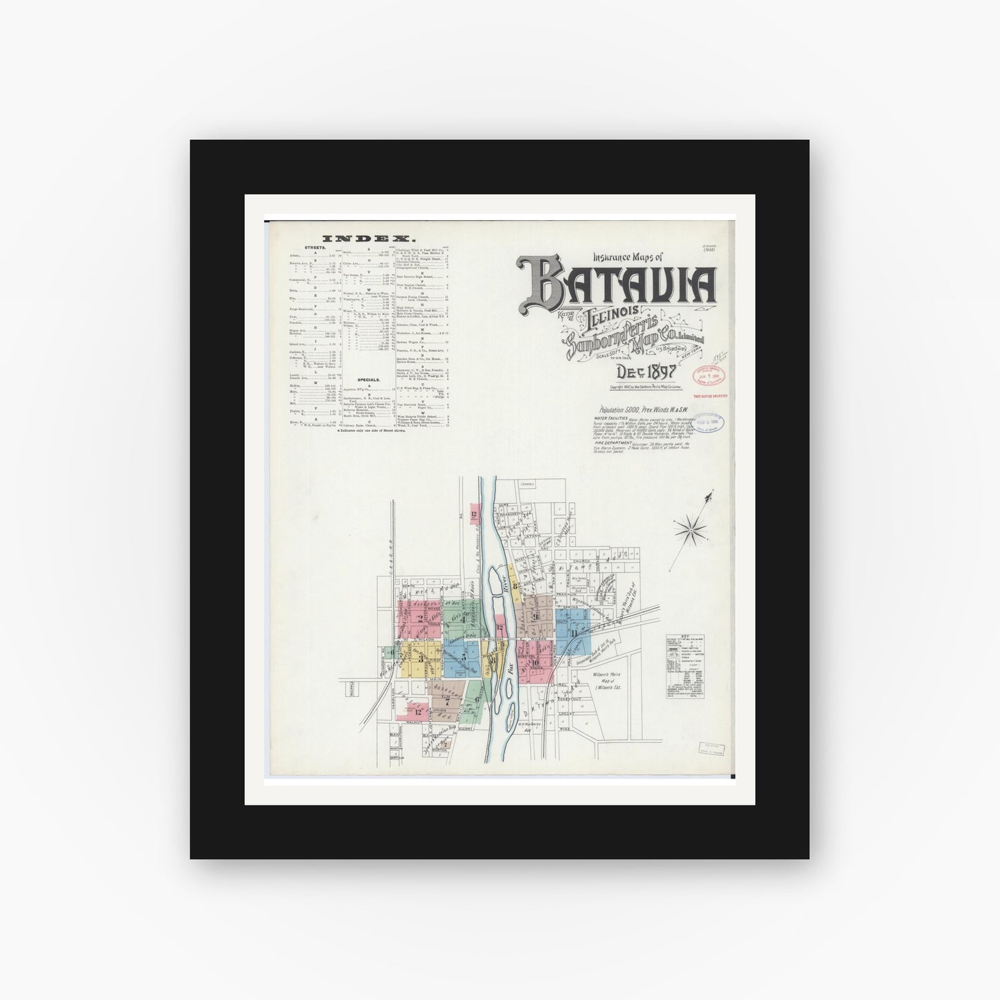 Old map wall art mockup — black gallery frame with white mat — Sanborn Fire Insurance Map from Batavia, Kane County, Illinois (1897), Sheet #0001