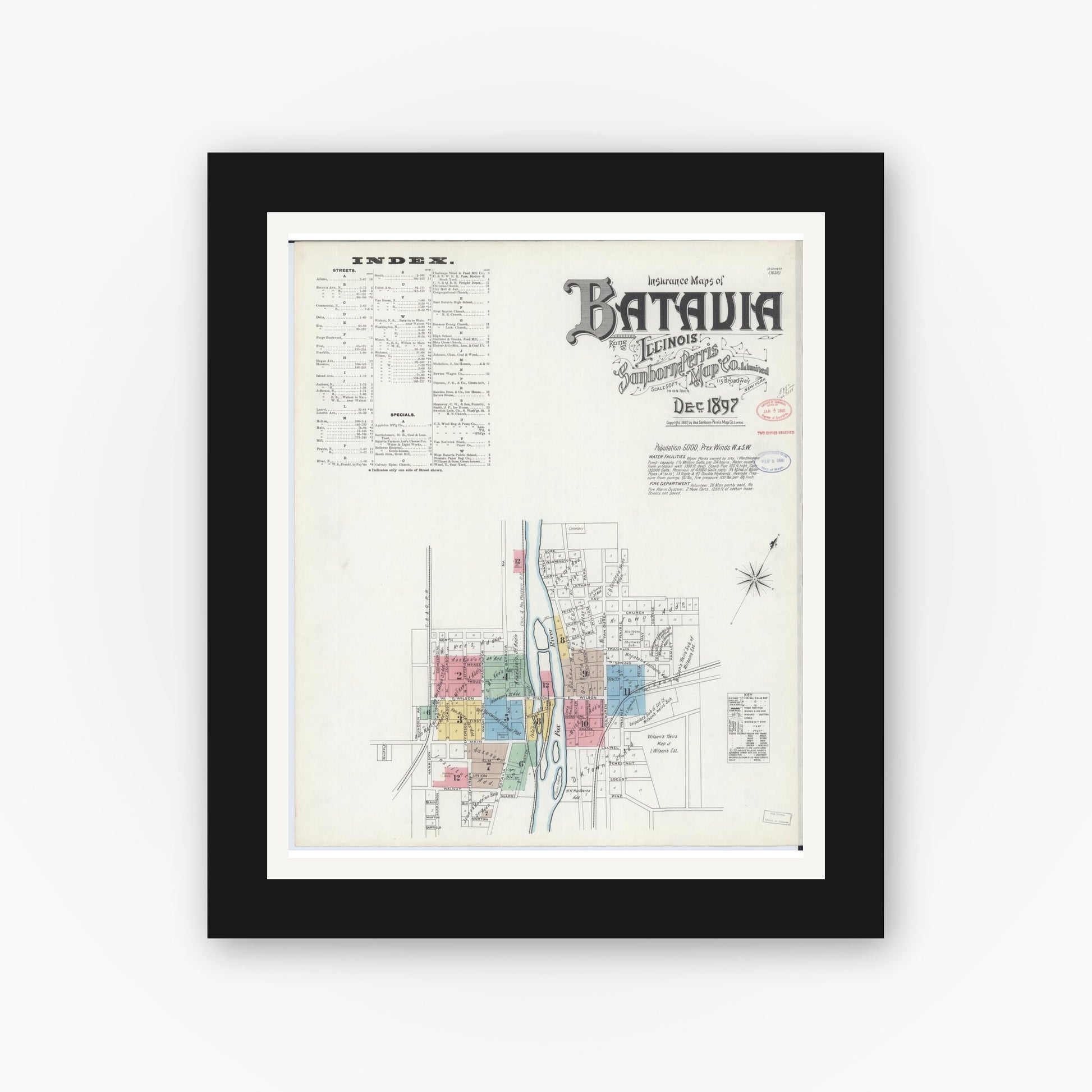 Old map wall art mockup — black gallery frame with white mat — Sanborn Fire Insurance Map from Batavia, Kane County, Illinois (1897), Sheet #0001