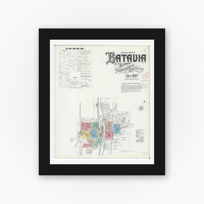 Old map wall art mockup — black gallery frame with white mat — Sanborn Fire Insurance Map from Batavia, Kane County, Illinois (1897), Sheet #0001
