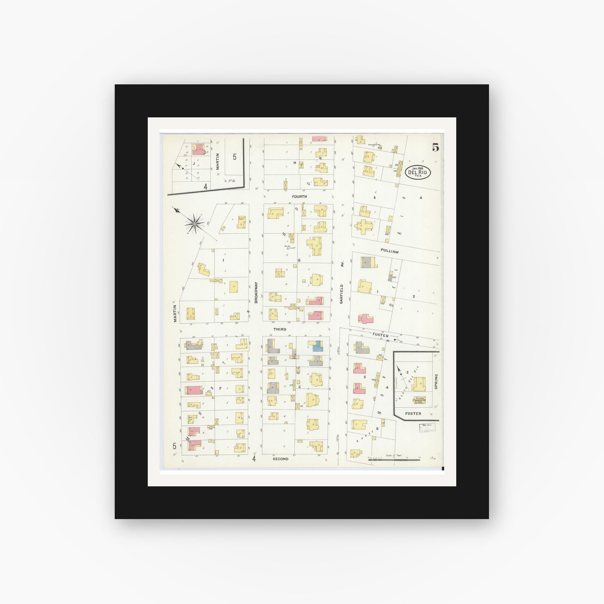 Old map wall art mockup — black gallery frame with white mat — Sanborn Fire Insurance Map from Del Rio, Val Verde County, Texas (1909), Sheet #0005