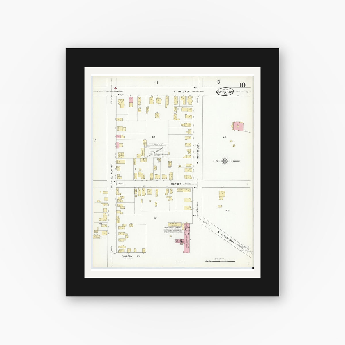 Old map wall art mockup — black gallery frame with white mat — Sanborn Fire Insurance Map from Johnstown, Fulton County, New York (1912), Sheet #0010
