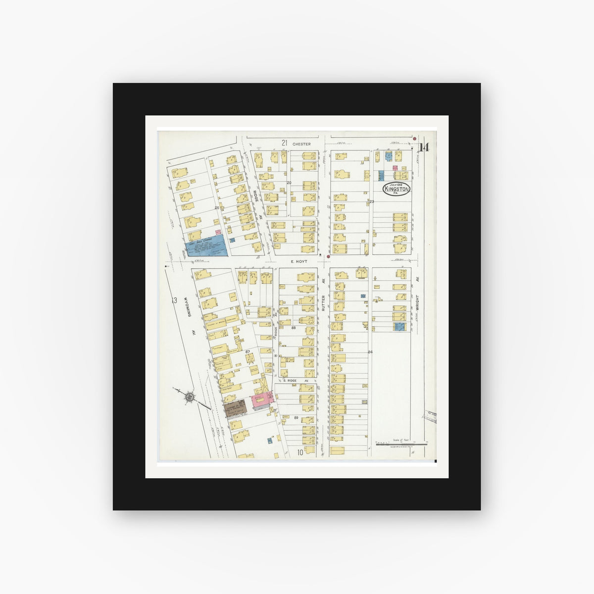 Old map wall art mockup — black gallery frame with white mat — Sanborn Fire Insurance Map from Kingston, Luzerne County, Pennsylvania (1919), Sheet #0014