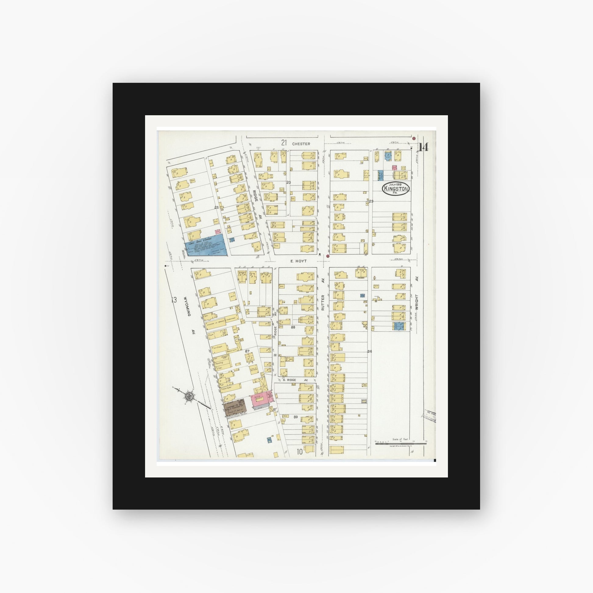 Old map wall art mockup — black gallery frame with white mat — Sanborn Fire Insurance Map from Kingston, Luzerne County, Pennsylvania (1919), Sheet #0014