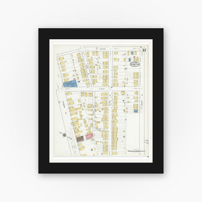 Old map wall art mockup — black gallery frame with white mat — Sanborn Fire Insurance Map from Kingston, Luzerne County, Pennsylvania (1919), Sheet #0014