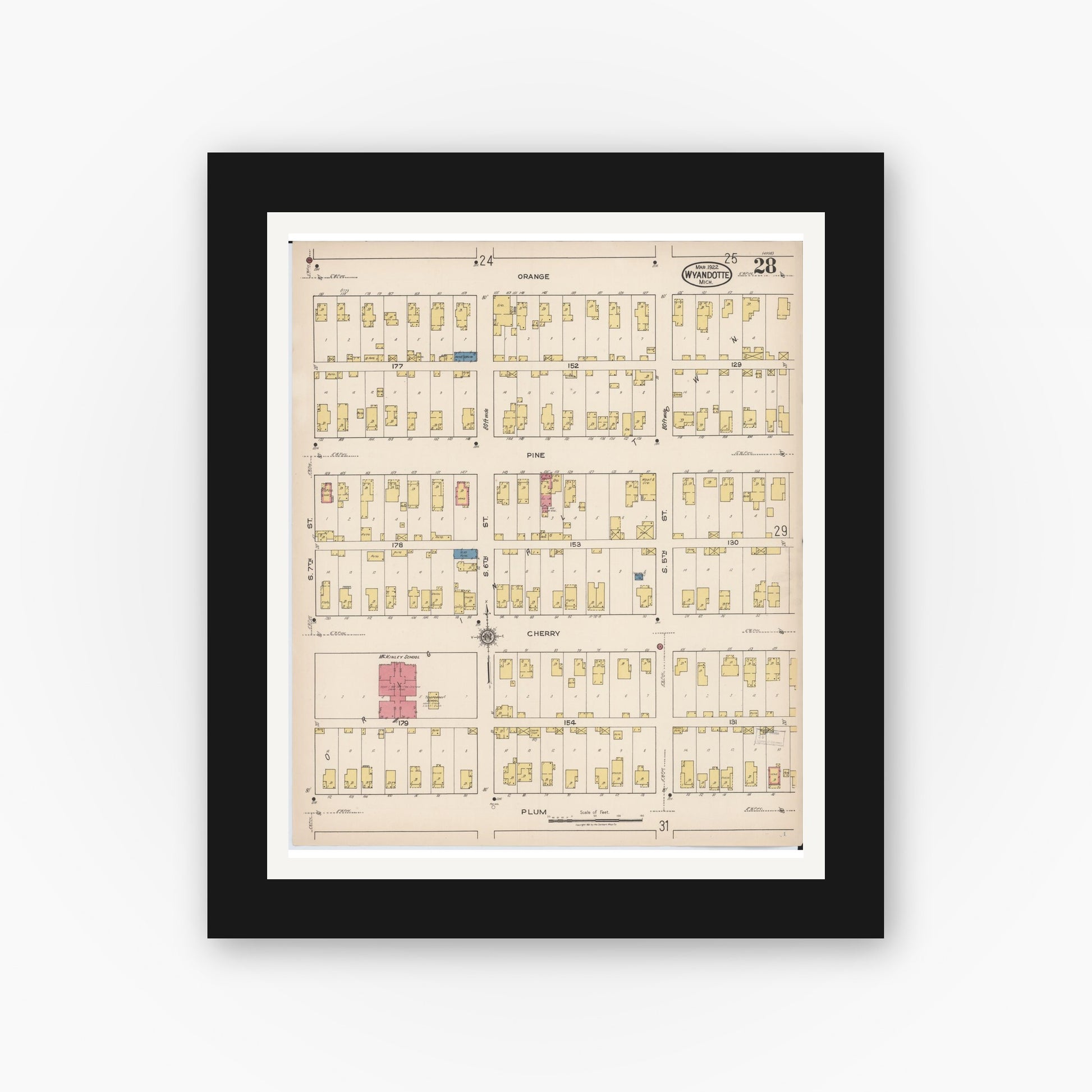 Old map wall art mockup — black gallery frame with white mat — Sanborn Fire Insurance Map from Wyandotte, Wayne County, Michigan (1922), Sheet #0028