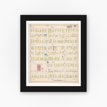 Old map wall art mockup — black gallery frame with white mat — Sanborn Fire Insurance Map from Wyandotte, Wayne County, Michigan (1922), Sheet #0028