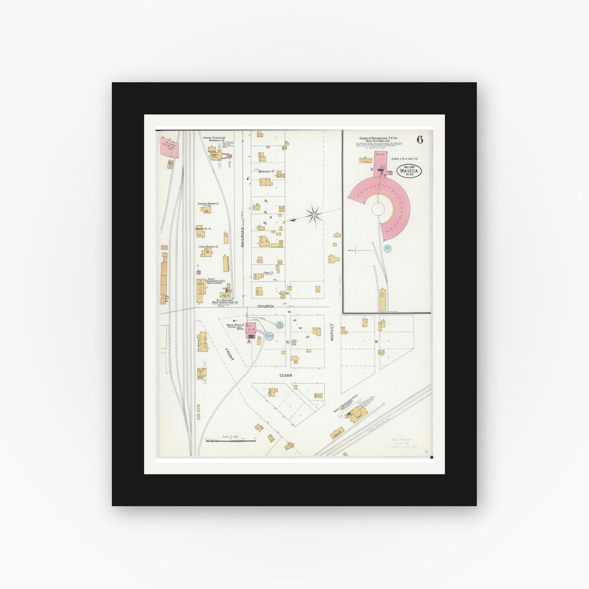 Old map wall art mockup — black gallery frame with white mat — Sanborn Fire Insurance Map from Waseca, Waseca County, Minnesota (1899), Sheet #0006