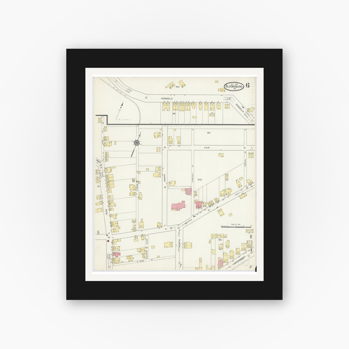 Old map wall art mockup — black gallery frame with white mat — Sanborn Fire Insurance Map from Bloomsburg, Columbia County, Pennsylvania (1913), Sheet #0006