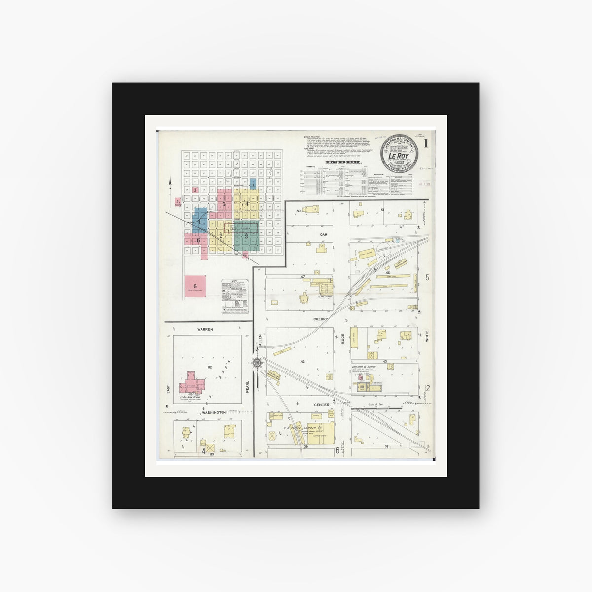 Old map wall art mockup — black gallery frame with white mat — Sanborn Fire Insurance Map from Leroy, McLean County, Illinois (1911) - Complete Map Set