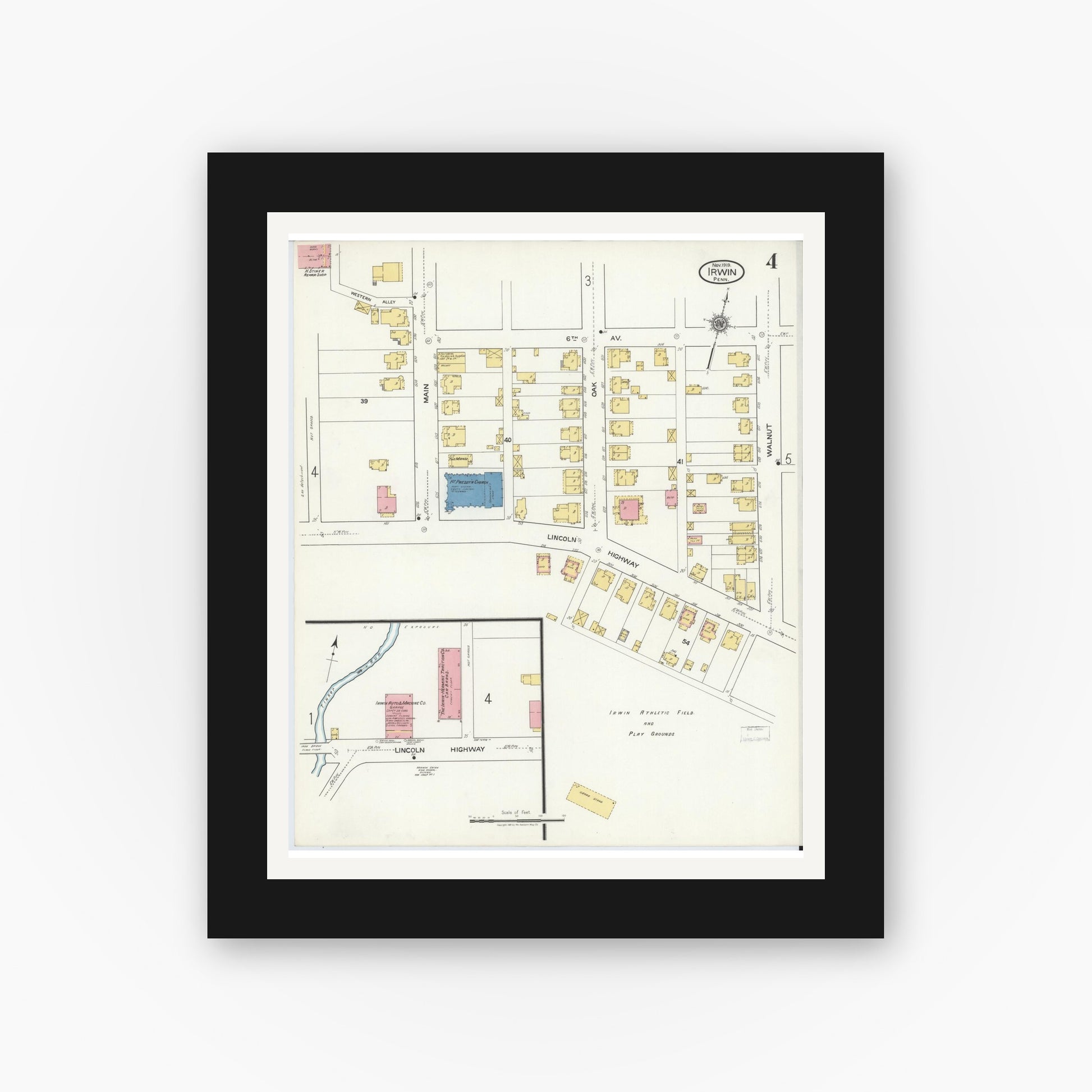 Old map wall art mockup — black gallery frame with white mat — Sanborn Fire Insurance Map from Irwin, Westmoreland County, Pennsylvania (1919), Sheet #0004