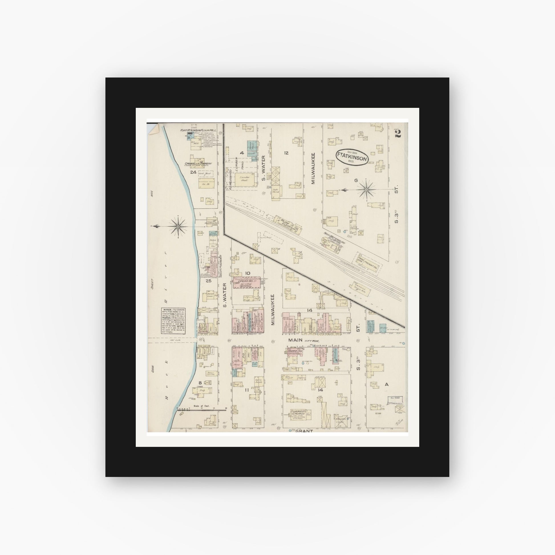 Old map wall art mockup — black gallery frame with white mat — Sanborn Fire Insurance Map from Fort Atkinson, Jefferson County, Wisconsin (1884), Sheet #0002