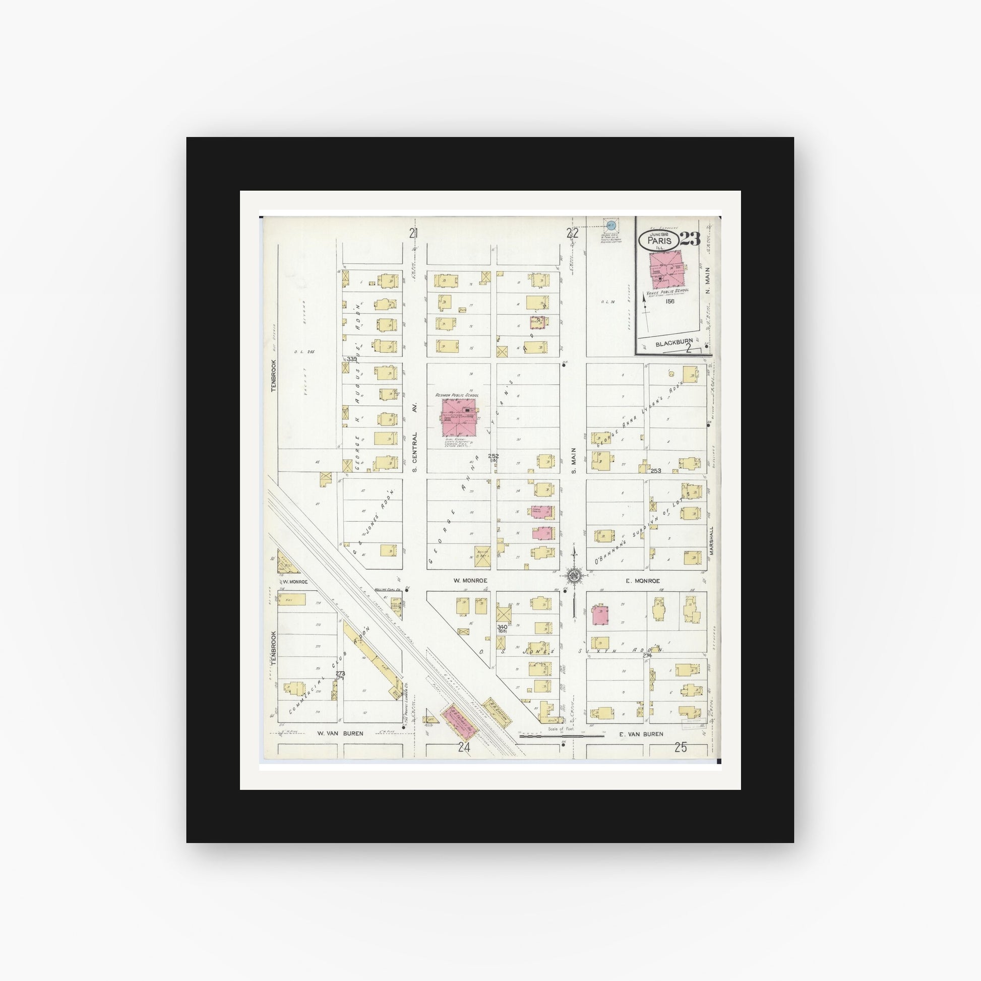 Old map wall art mockup — black gallery frame with white mat — Sanborn Fire Insurance Map from Paris, Edgar County, Illinois (1916), Sheet #0023