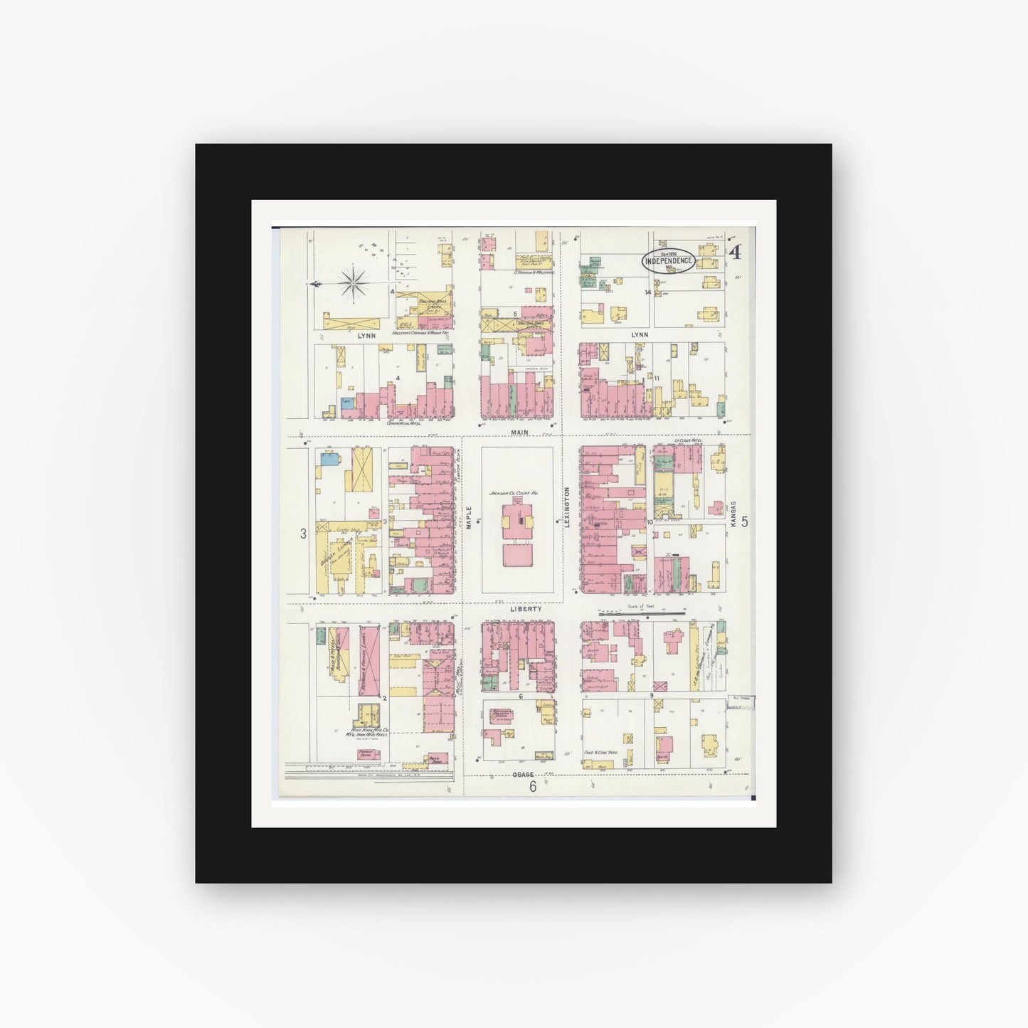 Old map wall art mockup — black gallery frame with white mat — Sanborn Fire Insurance Map from Independence, Jackson County, Missouri (1898), Sheet #0004