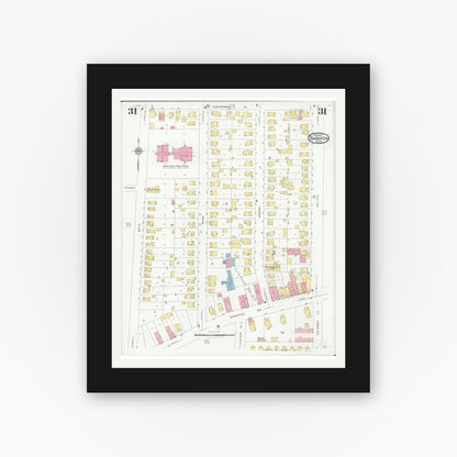 Old map wall art mockup — black gallery frame with white mat — Sanborn Fire Insurance Map from Barberton, Summit County, Ohio (1927), Sheet #0031