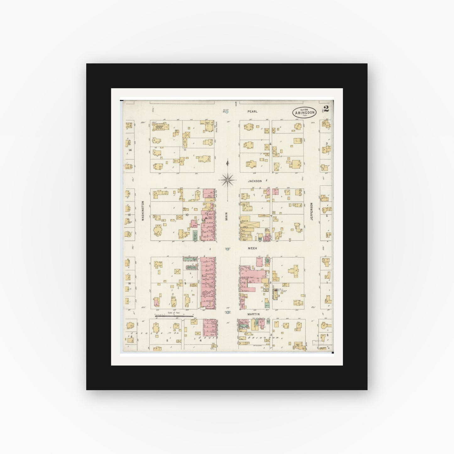 Old map wall art mockup — black gallery frame with white mat — Sanborn Fire Insurance Map from Abingdon, Knox County, Illinois (1898), Sheet #0002