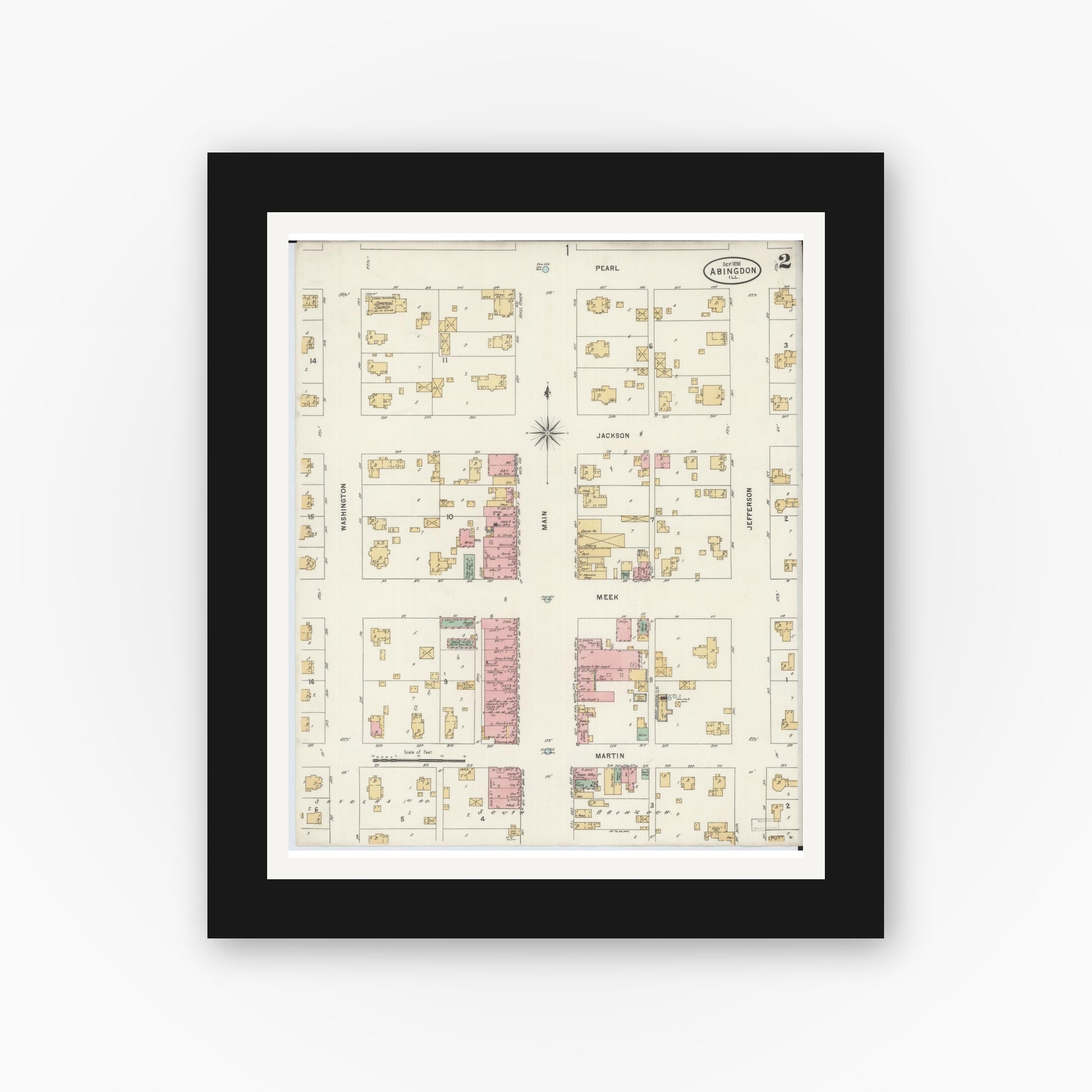 Old map wall art mockup — black gallery frame with white mat — Sanborn Fire Insurance Map from Abingdon, Knox County, Illinois (1898), Sheet #0002