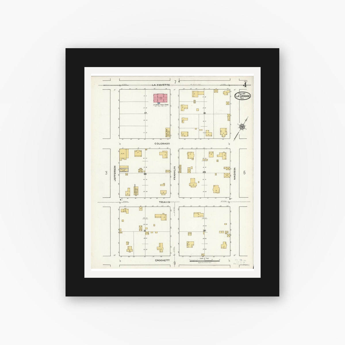 Old map wall art mockup — black gallery frame with white mat — Sanborn Fire Insurance Map from La Grange, Fayette County, Texas (1921), Sheet #0004